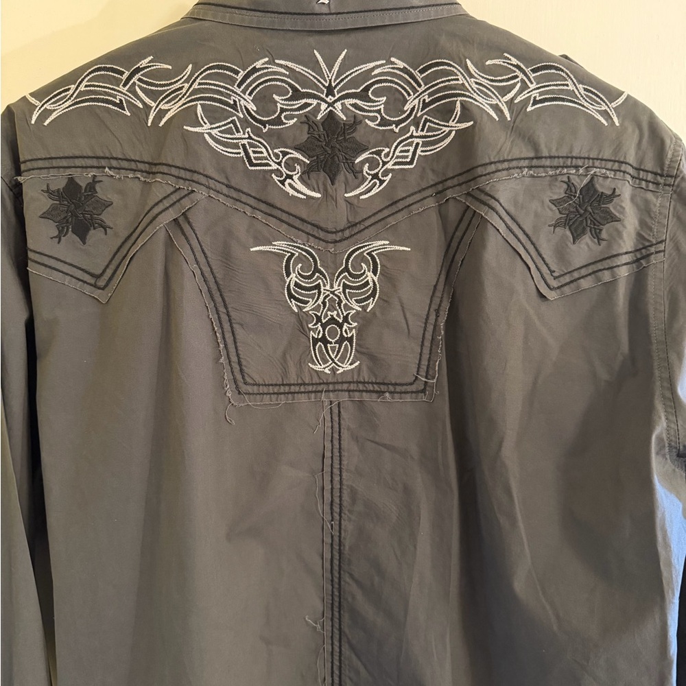Rock & Roll Cowboy Western Snap Shirt XL Gray Embroidered Bull Skull - Picture 7 of 9